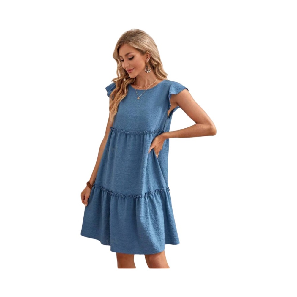 WOMENS - BRAND NEW - DUSTY BLUE SOLID RUFFLE HEM SMOCK DRESS. Size: XL (12)